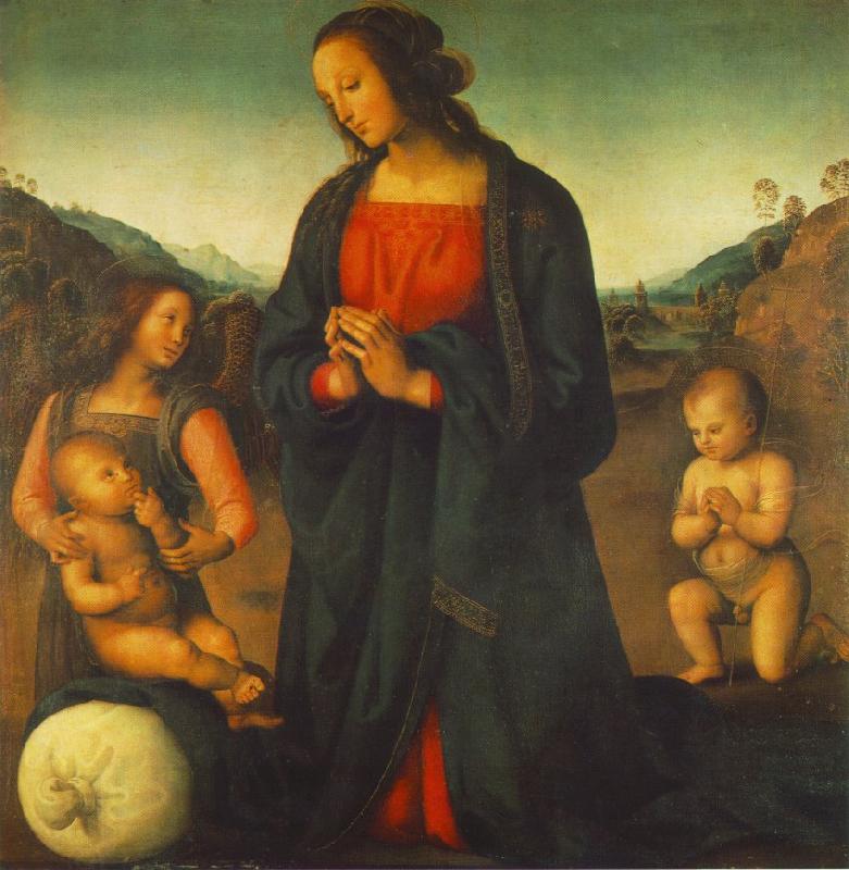PERUGINO, Pietro Madonna, an Angel and Little St John Adoring the Child (Madonna del sacco) R China oil painting art